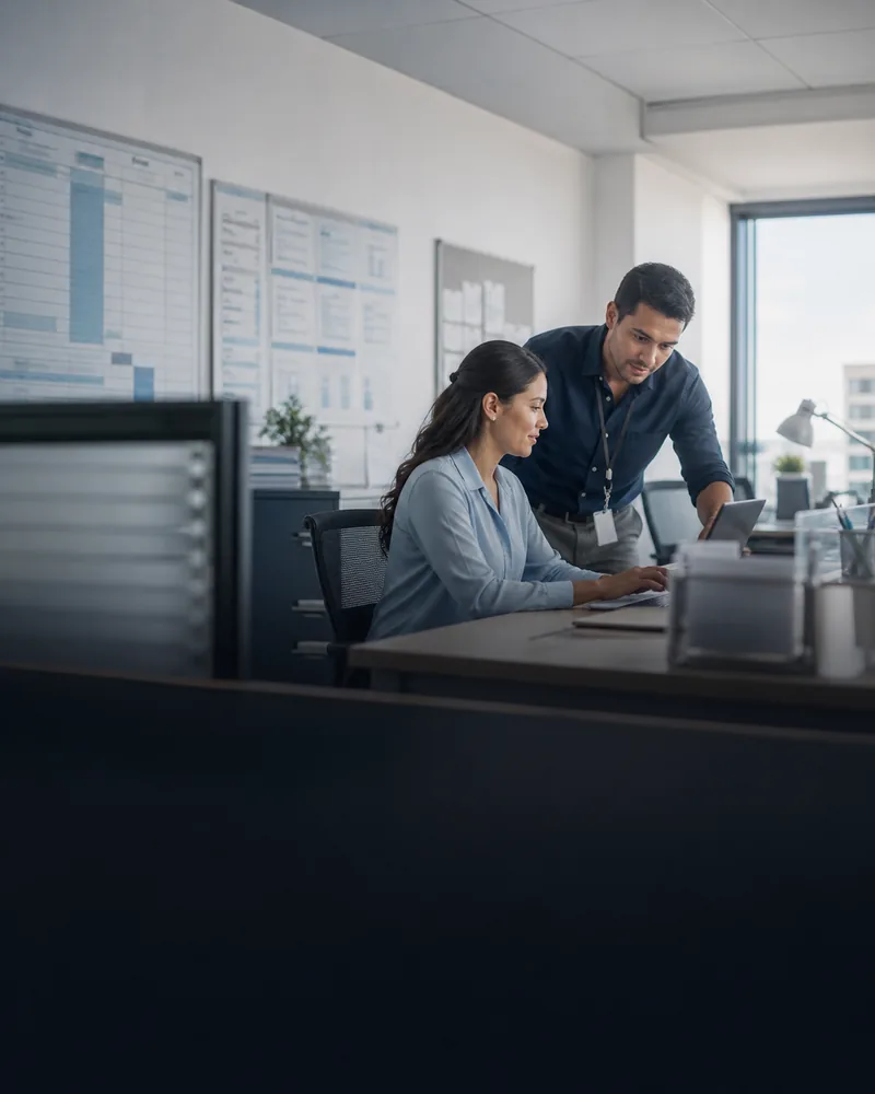 Illustrative administrative professionals reviewing work at a computer