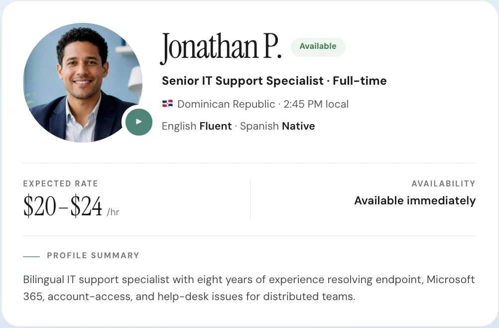 Illustrative candidate profile with experience, languages and availability