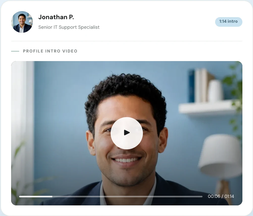 Illustrative video-introduction screen from the candidate profile walkthrough